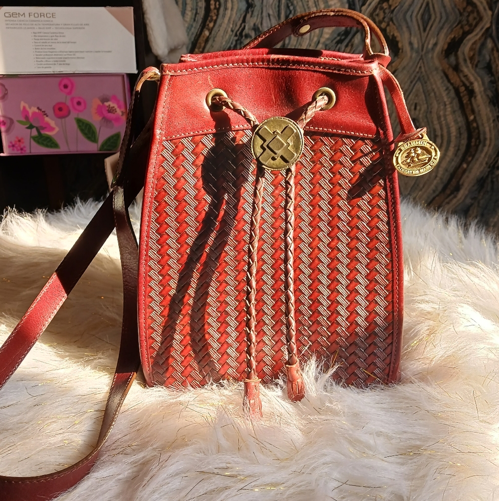 Brahmin Woven Leather Bucket Bag in Burgundy - Picture 2 of 14
